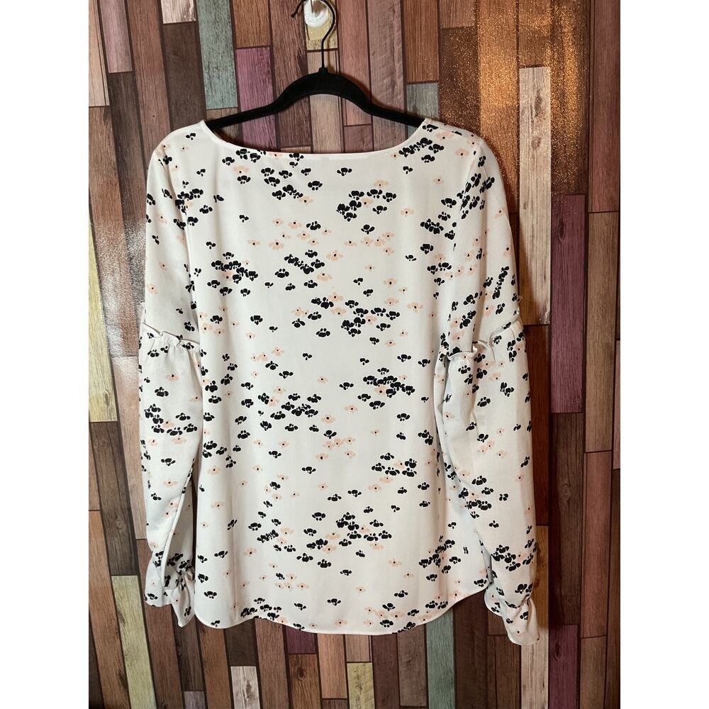 Ann Taylor Iris Print Popover Blouse White With Black And Peach Floral Large - Picture 2 of 2